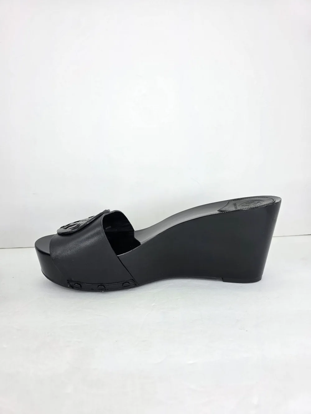 Tory Burch Patti Black Patent Slides Platform Wedge Heels Leather Sandals 9.5M
